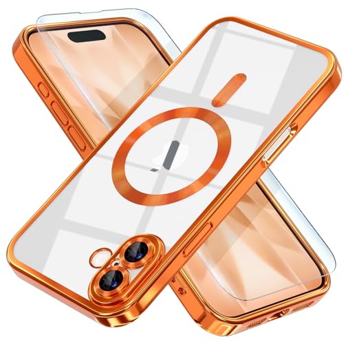 Image of Misea Magnetic for iPhone 17 Case Compatible with MagSafe Orange | Never Yellowing, Military Drop Protection, Full Camera Lens Protector Plating Soft Clear Phone Case Women, Cosmic Orange