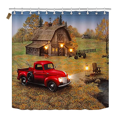 Skailié 4Pcs Farmhouse Shower Curtain Set, Antique Red Truck Vintage Farm Pickup Truck Tractor Dog Autumn Landscape Rustic Barn Cabin Lodge Country Bathroom Decor Non-Slip Bath Mat Toilet Rug, Red Car #TOP1