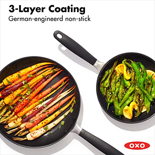 OXO Good Grips 8" and 10" Frying Pan Skillet Set, 3-Layered German Engineered Nonstick Coating, Stainless Steel Handle with Nonslip Silicone, Black - Image 4