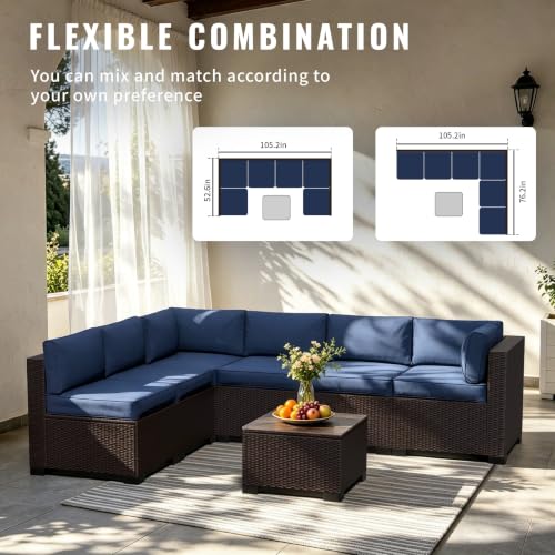 Image of 7 Piece Patio Furniture Set, Wicker Patio Conversation Sets, Outdoor Sectional Furniture with Tempered Glass Table, for Backyard, Deck, Garden, Dark Brown Rattan & Navy Blue Cushions