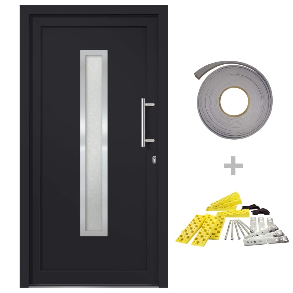 Drzwi frontowe antracytowe 88 x 200 cm PVC z rdzeniem warstwowym, 5-punktowy zamek, zawiasy 3D, szkło izolacyjne, UD 1,4 W/m²K, ogranicznik prawy, do użytku na zewnątrz