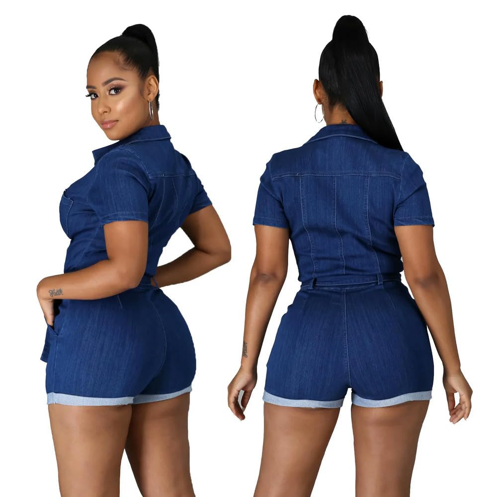 JJDFW Denim Bodycon spodenki na co dzień dżinsy ogólny zamek błyskawiczny dekolt w serek krótki rękaw kokarda pasek pajacyki denim krótki kombinezon kobiety