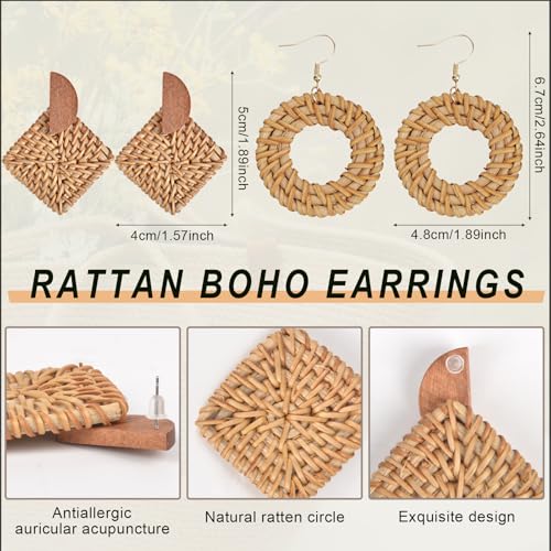 Women Round Rattan Purse Set - Woven Straw Basket Crossbody Bag with 2 Pairs Rattan Earring, Summer Boho Beach Handbag Tote3