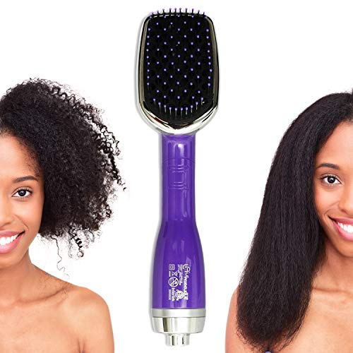 Le Angelique Brush N Blo - One Step Hair Straightening Blow Dryer Brush for Easy & Quick Curly Hair Styling | 1000W Hot/Cold Air Straightener | No-Frizz Tourmaline Tech Detangles & Boost Shine -Purple