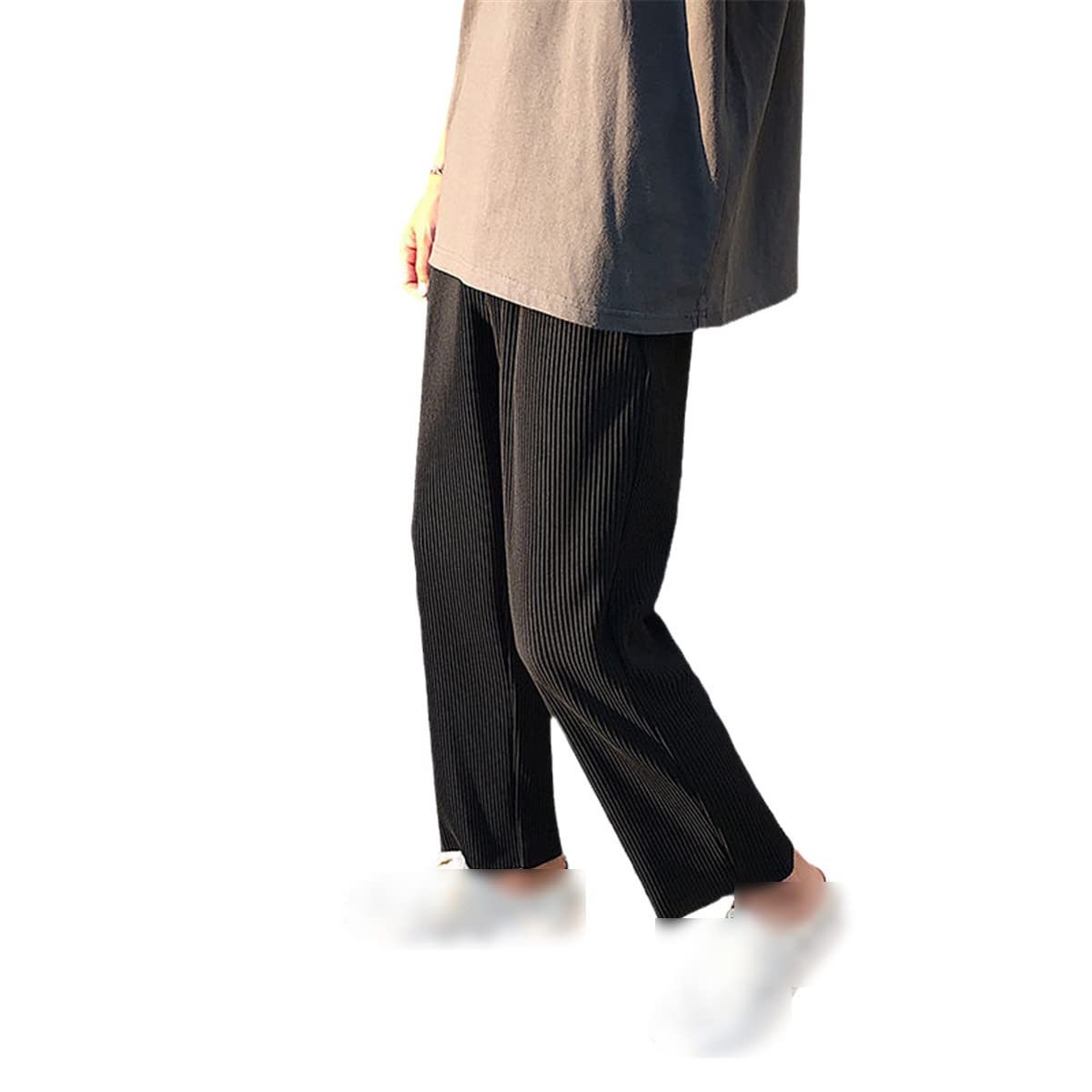 Roquorl Pleated Straight Pants Men's Fashion Elastic Waist Casual Pants Street Loose Ice Silk Wide Leg Pants Black M