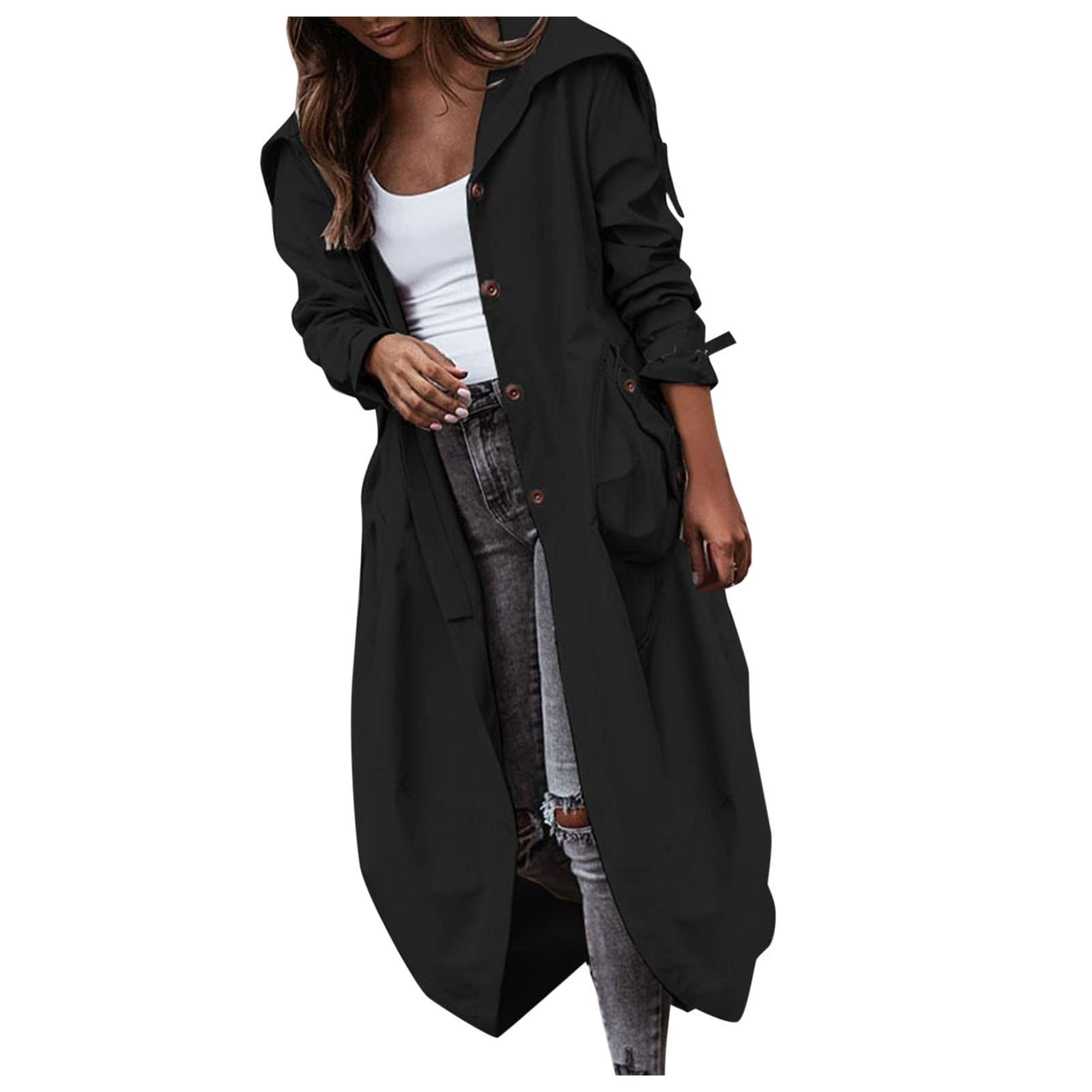 Trenchcoat voor dames, lang, grote maten, windjack voor vrouwen, licht, zwart, lange baggy met zakken, steampunk jas met capuchon, herfstjas, Y2k, vrijetijdsjas, casual, zwart, XL