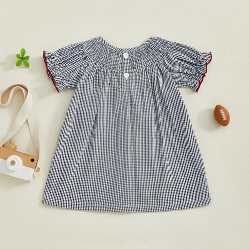 Toddler Girl Football Dress Rugby Bow Embroidery Color Block Short Puff Sleeve Smocked Dress Infant Fall Dresses4