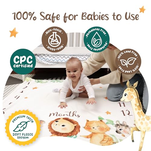 Image of KooKooBaby Baby Monthly Milestone Blanket - 47x47 Premium Fleece Milestone Blanket for Baby Girl and Boy - Safari Animals Monthly Baby Milestone Photo Background with Felt Circle Marker