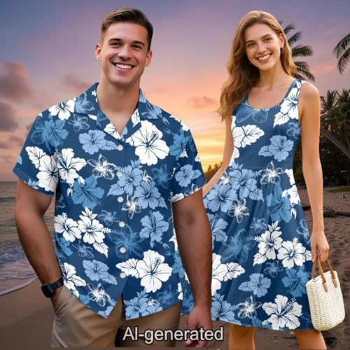 Image of Dreaweet Summer Dresses for Women A-Line Sleeveless Flowy Sun Dresses,Men's Casual Button-Down Shirts,Couple Matching Outfits