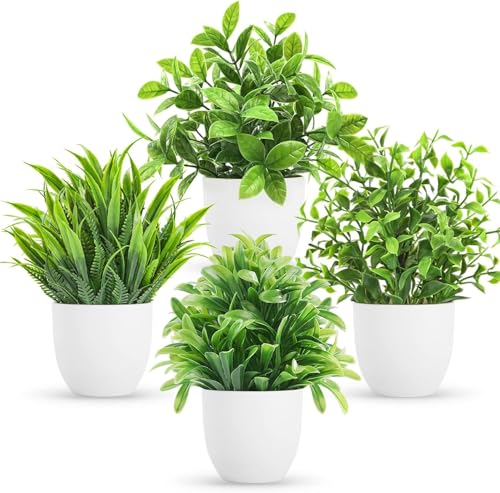 Dekorly 4 Pack Mini Fake Plants Artificial Potted Eucalyptus Faux Plants for Home Office Farmhouse Bathroom Table Shelf Decor Indoor (Set of 4, Small)