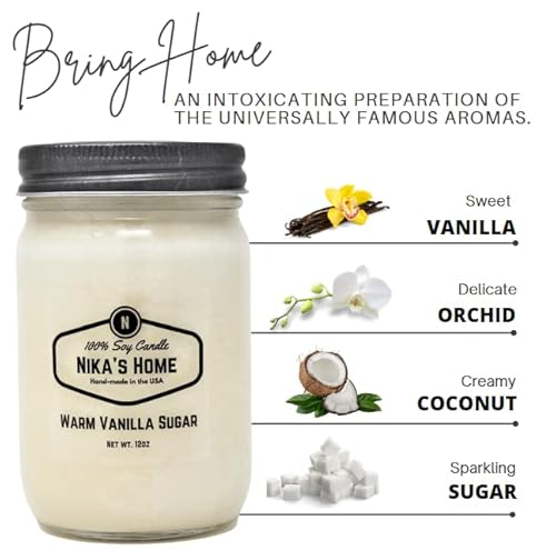 Nika's Home Vanilla Sugar Soy Candle 12Oz Mason Jar Non-Toxic White Soy Handmade, Long Burning 50-60 Hours Highly Scented All Natural, Clean Burning Large Candle Gift Décor #TOP1