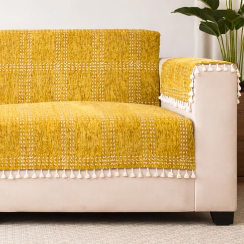 Image of STITCHNEST Woven Fabric Sofa Cover 3 Seater with 2 Hand Rest Covers - Washable Brown Sofa Cover with Tassels - Durable Premium Fabric - Stylish Sofa Protector for Living Room & Furniture Decor 4