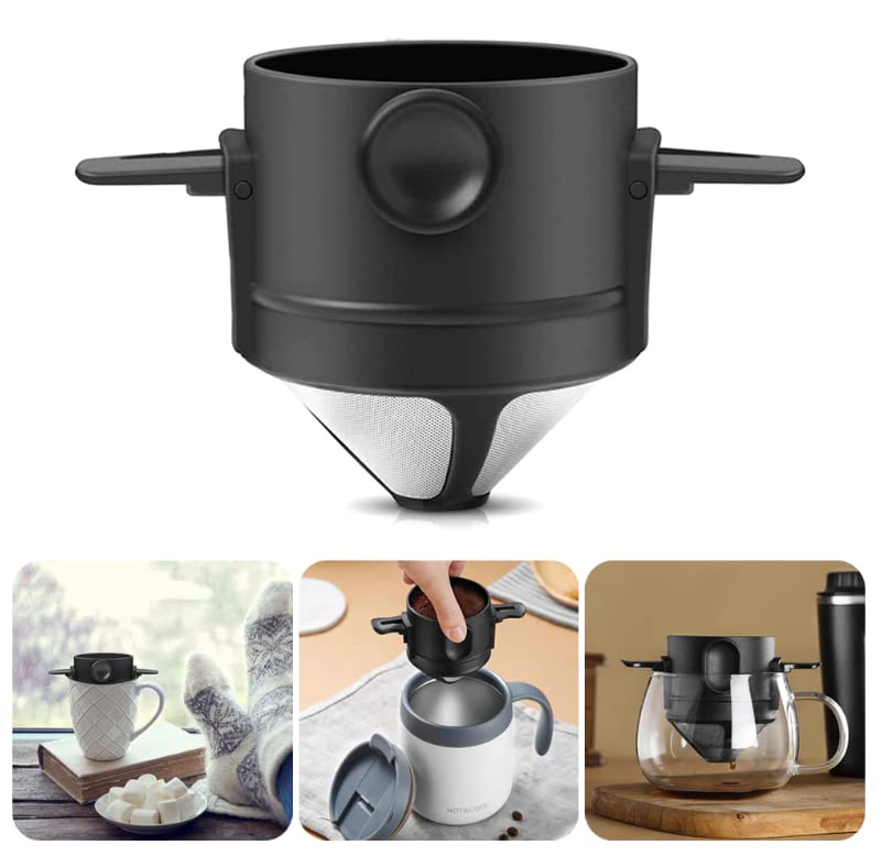 Pour Over Coffee Filter, Reusable Portable Stainless Steel Dripper with Collapsible Arms 1-2 Cup, Paperless Mini Coffee Maker with Cleaning Brush for Home Camping Travel Office (Black)