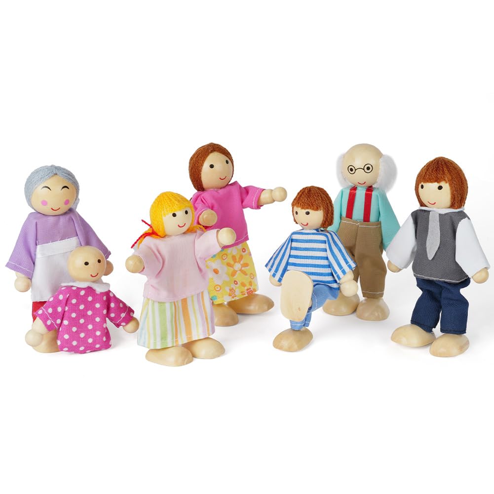 Aolso Casa Delle Bambole, 7 pezzi, Casa Delle Bambole, Famiglia di Bambole in Legno, Statuette per Bambole, Accessori per La Casa Delle Bambole in Legno(Stile Nordico)