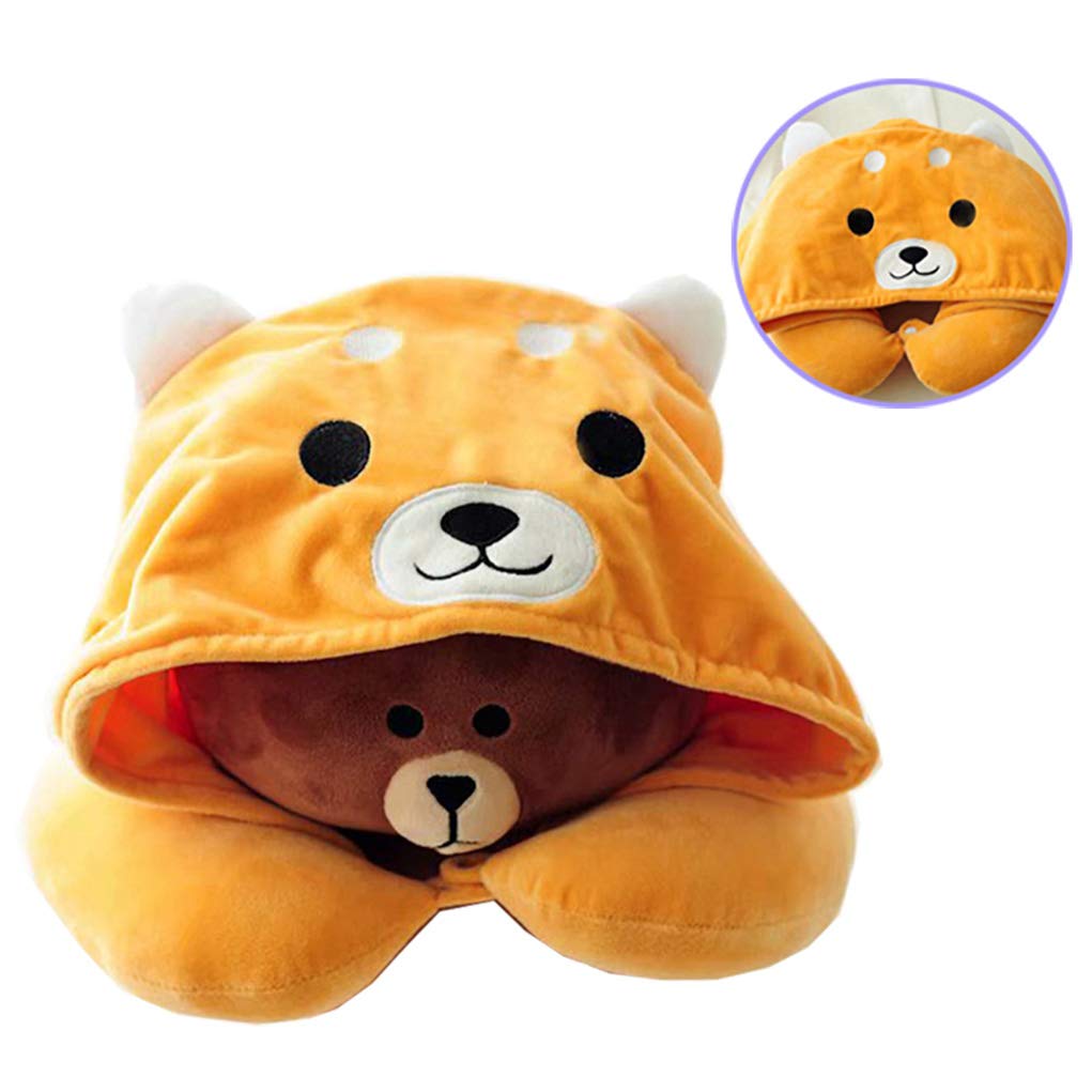 Shiba Inu Soft Hooded Travel Neck Pillow, Cartoon Animal U Shaped Neck Pillow, Yellow