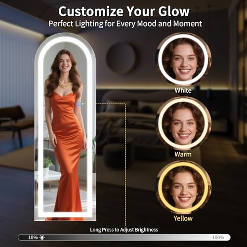 Image of Koonmi LED Arched Full Length Mirror, 63 inchx20 inch Full Length Mirror with Lights, Lighted Floor Mirrors with Stand, Full Body Mirrors with Dimming & 3 Color Lightingfor Living Room Cloakroom, White
