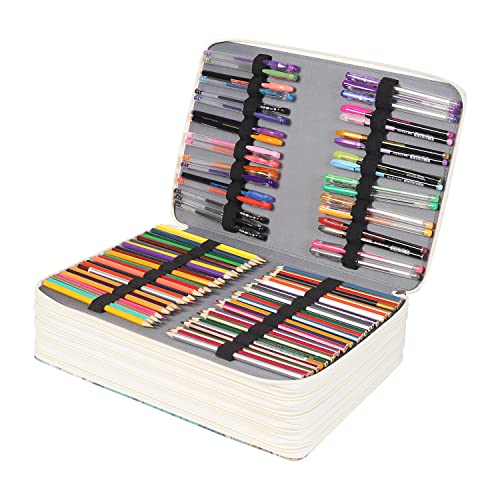 Image of Pencil Case Slot Holds 500 Colored Pencils or 340 Color Gel Pens with Zipper Closure Large Capacity Retro Style Element Pattern Pen Organizer Bag with Shoulder Strap (Green Compasses)