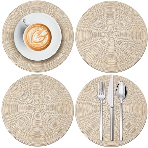 7 Inch Round Braided Placemats Set of 4,Coffee Mat,Table Mats,Non Slip Washable Heat Resistant Cotton Polyester Circle Place Mats for Kitchen Dinner Party Table Decoration (Beige)