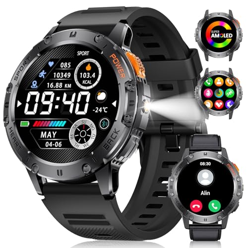 ESFOE Reloj Inteligente Hombre Militar con LED Linterna, 1,43'' AMOLED 5ATM Impermeable Smartwatch Hombre con Llamadas Bluetooth, Wasap, Monitor de Ritmo Cardíaco y Sueño,SpO2,530mAh para iOS Android