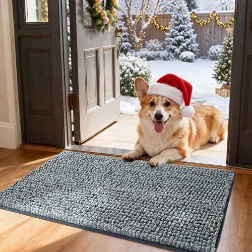 Bedsure Dog Door Mat for Muddy Paws, High-Low Absorbent Chenille Indoor Entrance Mud Dirt Trapper Soak-Stopper, Machine Washable Non-Slip Entryway Rug for Pets, 30'x19' Grey
