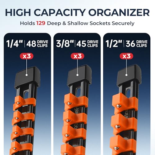 Image of Reniteco 9-Pack Socket Organizer Set, 1 /4 inch x 48 3 /8 inch x 45 1 /2 inch x 36 Clips | 129 Clip Capacity, Havy-Duty ABS Socket Rails, Removable Clips, Drive Socket Storage, Toolbox Drawer or Wall Mount
