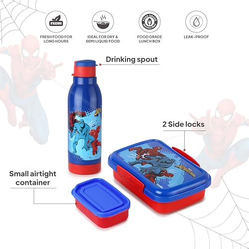 Image of CELLO Lunch On 3D Spiderman Design Kids Combo Set Red | Inner Compartment Lunch Box with Insulated Water Bottle Leak Proof Airtight Lightweight Tiffin Box Water Bottle Set for School Kids Boys Girls
