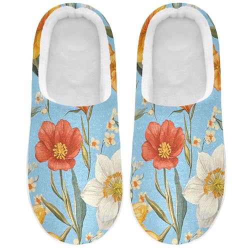 JUNZAN Autumn Flowers Tulips Daffodil Gladiolus Blue Cotton Slippers for Men Lightweight Memory Foam Ladies Slippers for Outdoor Funny Presents 6-7