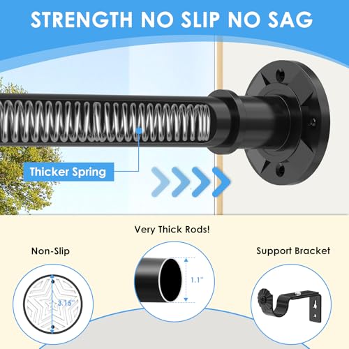 Image of Outdoor Curtain Rod 31-144 inch Adjustable Long Spring Black ShowerTension Curtain Rod Extra Long Outdoor Rods for Patio Bathroom Windows No Drilling, No Rust