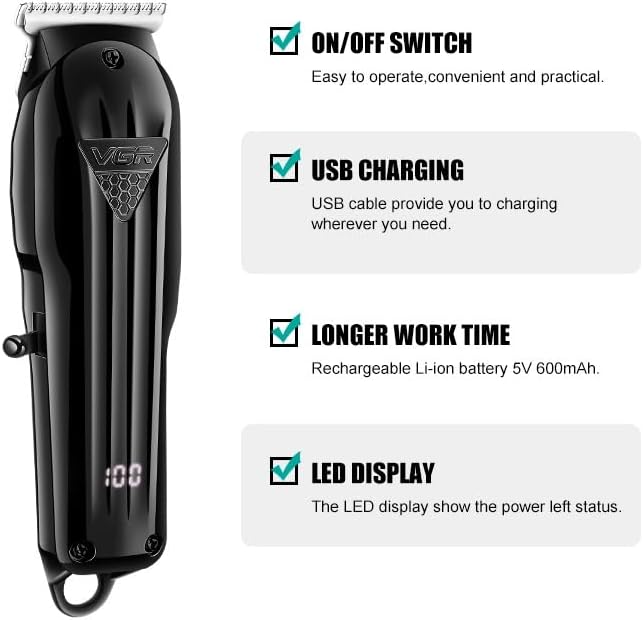 VGR V-982 Hair Clipper features: ON/OFF switch, USB charging, longer work time, LED display