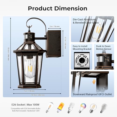 Image of Gleamz Motion Sensor Outdoor Wall Lights with GFCI Outlet, Bronze, 2-Pack