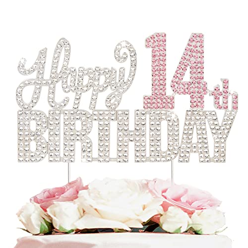 Nelbiirth Happy 14th Birthday Silver & Pink Rhinestone Cake Topper - Cheers to 14 Years Old Fourteen Bday Metal Sparkly Cake Centerpieces Topper Decorations Sign.