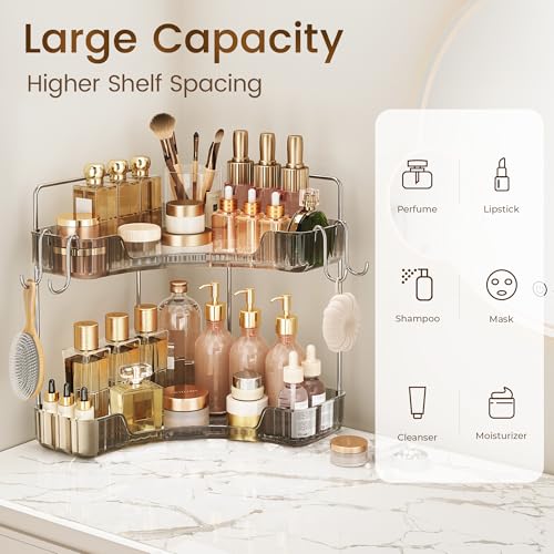 Image of Corner Counter Organizer, 2-Tier Bathroom & Kitchen Storage Tray with Hooks | Clear Vanity Organizer for Skincare, Makeup & Jewelry