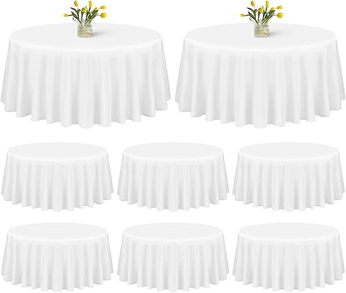 Paquete de 8 manteles redondos blancos de 90 pulgadas, manteles redondos de poliéster lavables para mesa de tela decorativa resistente a las