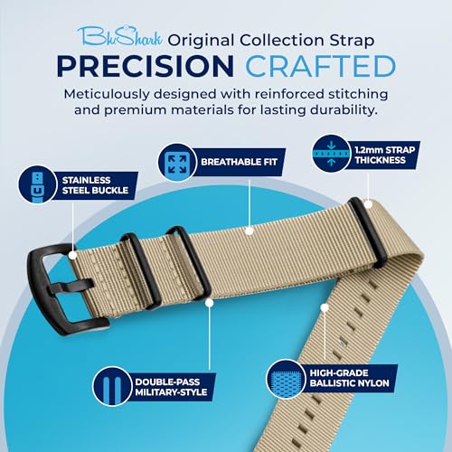 Image of BluShark - Original Collection Military-Style Waterproof Watch Strap, Fits All Timepiece Brands, Durable Nylon Wristwatch Accessories with Stainless Steel Buckle - 18mm, 20mm, 22mm & 24mm Watch Bands