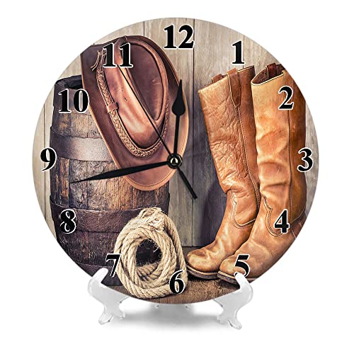 TKS-MITLAN-Retro-Leather-Cowboy-HatOld-Boots-and-Oak-Barrel-Round-Modern-Wall-Clock-10-Inch-Wild-West-Vintage-Style-Silent-Non-Ticking-Battery-Operated-Classic-Quartz-Black-Clock TKS MITLAN Retro Leather Cowboy HatOld Boots and Oak Barrel Round Modern Wall Clock 10 Inch Wild West Vintage Style Silent Non Ticking Battery Operated Classic Quartz Black Clock