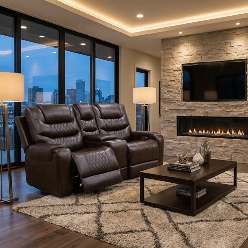 Image of Leather Recliner Loveseat Set, Power Leather Sectional Set with LED Light, Living Room Furniture Sets 2 Seats, Power Reclining Sofa Sets with Storage Console /Cup Holder for Living Room