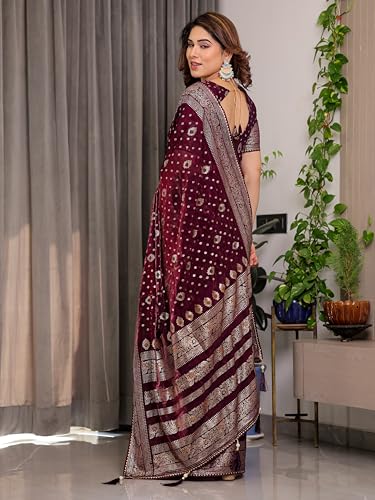Image of ALMAARI FASHION Fendy Satin Foil Print Floral Saree with Tassels, Traditional Butti Motifs, 5.5m with 0.8m Blouse (FOIL 102 WINE H)
