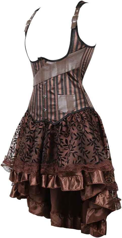 Grebrafan Steampunk Corset with Tutu Skirt Striped Underbust Bustier Costume