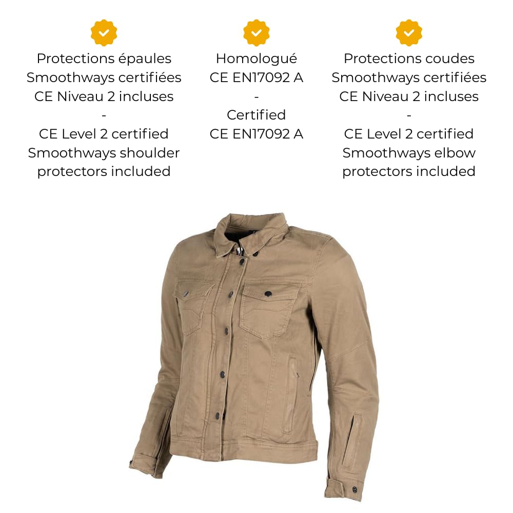 NAZAIRE LADY Chaqueta de Moto 4 estaciones. Chaqueta de Moto Equipamiento de Protección con 4 Protecciones CE. Ropa para Mujer Color Beige 42