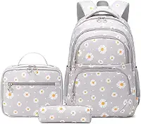 Conjunto de Mochila Escolar Feminina com Estampa de Margarida - 3 Peças com Bolsa de Almoço e Estojo de Lápis