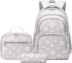 Conjunto de Mochila Escolar Feminina com Estampa de Margarida - 3 Peças com Bolsa de Almoço e Estojo de Lápis