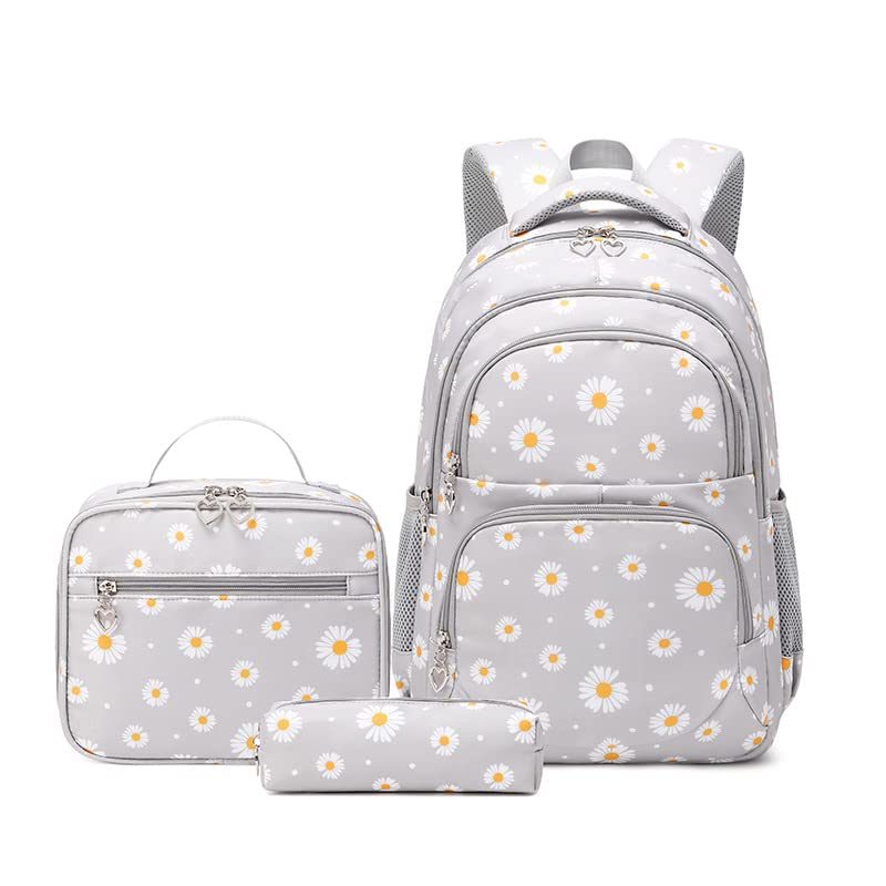 Conjunto de Mochila Escolar Feminina com Estampa de Margarida - 3 Peças com Bolsa de Almoço e Estojo de Lápis (Cinza)