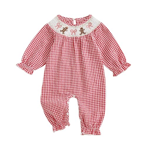 Kayotuas Newborn Baby Girl Christmas Outfit Santa Ruffle Sleeve Bubble Romper Smocked Jumpsuit Bodysuit Fall Winter Clothes (Gingerbread-Red 3-6 Months)