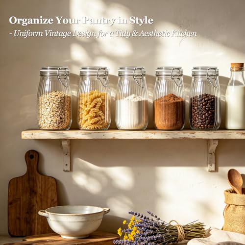 Image of ComSaf Ribbed Glass Jars with Airtight Lids 51oz 3 Pack Wide Mouth Bulk | BPA-free food-grade glass, ribbed texture, bulk flour & rice, deep cabinet fit, one-hand latch, pantry organization