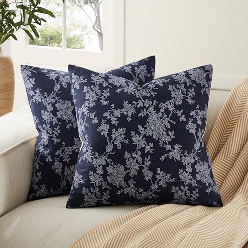 YZJZEDS 100% Cotton French Pastoral Throw Pillow Covers Set of 2, 16x16Inch Background/Blue Farmhouse Decorative Cushion Covers for Sofa Bed Living Room Home Decor