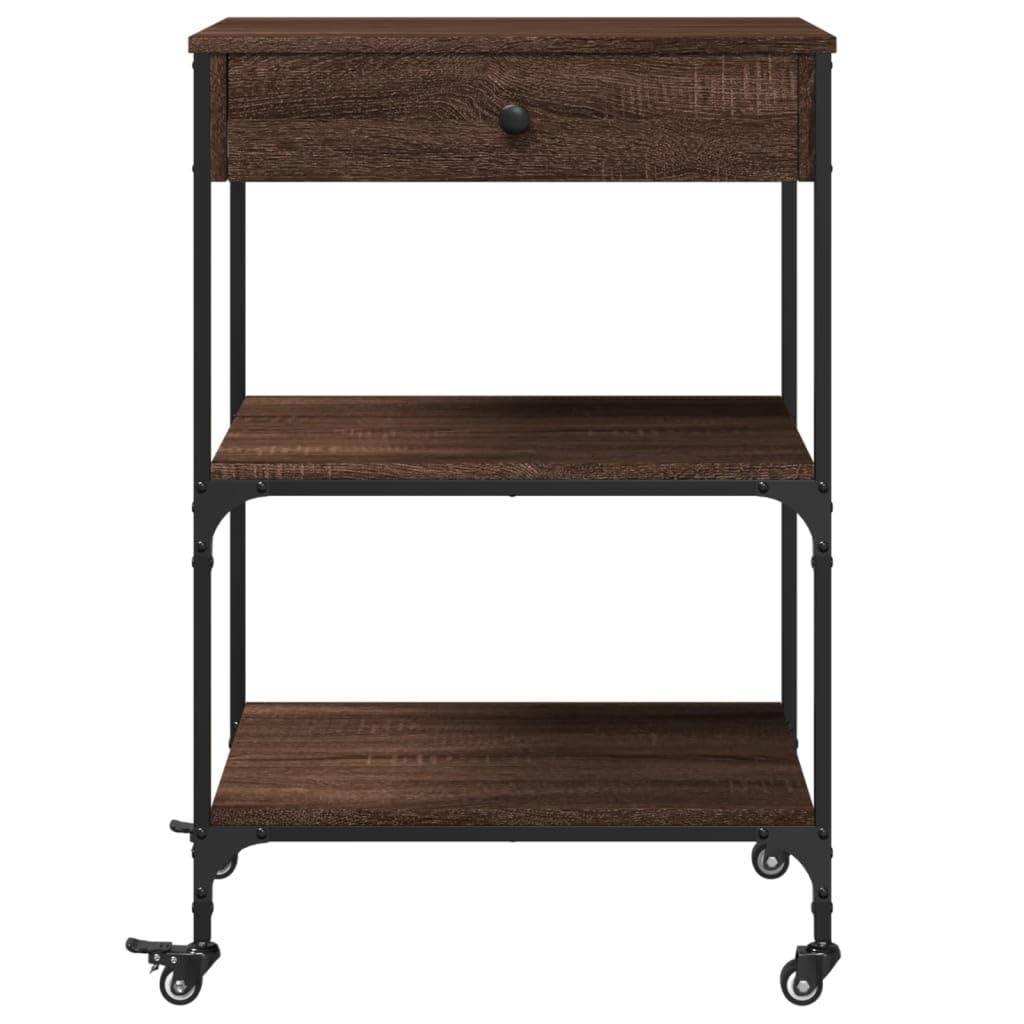 Générique Chene brązowy wózek kuchenny 60x48x89,5 cm Wood D Ingenierie | Solidna stalowa rama, 4 koła, w tym 2 zamykane nóżki, regulowane nóżki, montaż ścienny w zestawie