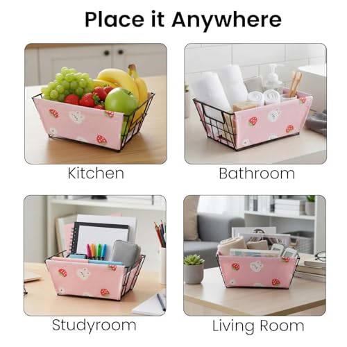 Image of Go Hooked Metal Storage Basket with Removable Fabric Liner | Cute Pink Bunny & Strawberry Print Multipurpose Organizer for Home, Office, Tabletop | Decorative Wire Basket for Toys, Fruits, Snacks
