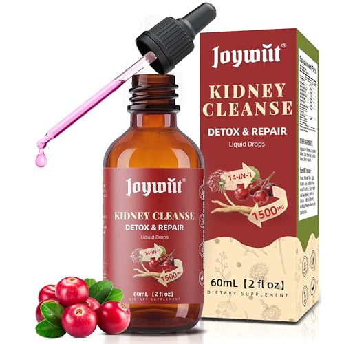 Joywiit Kidney Cleanse Detox & Repair Liquid Drops – 14-in-1 Advanced Liver Kidney Support Herbal Supplement with Cranberry, Milk Thistle, Juniper – Urinary Tract Support – Mixed Berry Flavor, 60 mL