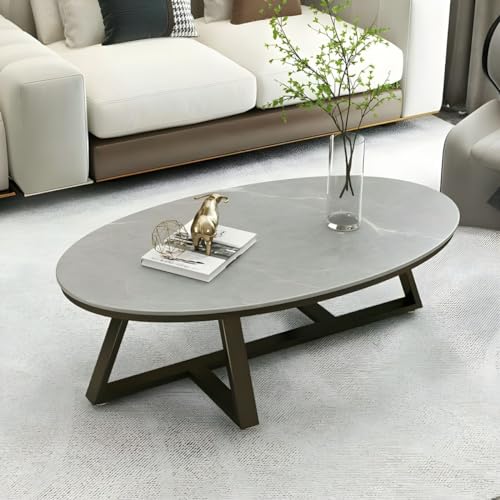 HanDpi Table Basse en Imitation marbre et Pierre avec Pieds croisés – Table Basse Ovale en Ardoise Nordique pour Salon – Plateau Gris, Base Noire – 100...