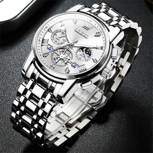 Image of OLEVS Watch for Men Analog Quartz Luxury Diamond Dial Dress Wrist Watches, 2856:Silver White, Silver Watch | Chronograph, 100Ft Waterproof, Calendar, Luminous, Stainless Steel Strap